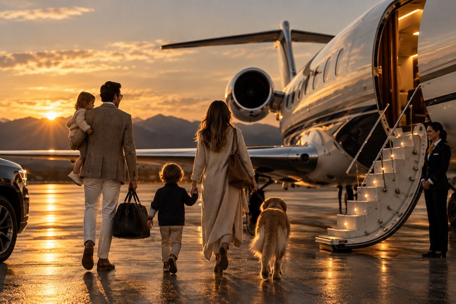Family with dog boarding a Cypress Jet aircraft